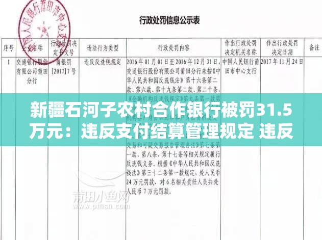 新疆石河子农村合作银行被罚31.5万元：违反支付结算管理规定 违反征信管理规定 违反反洗钱管理规定